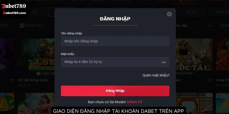 Giao diện đăng nhập tài khoản Dabet trên app