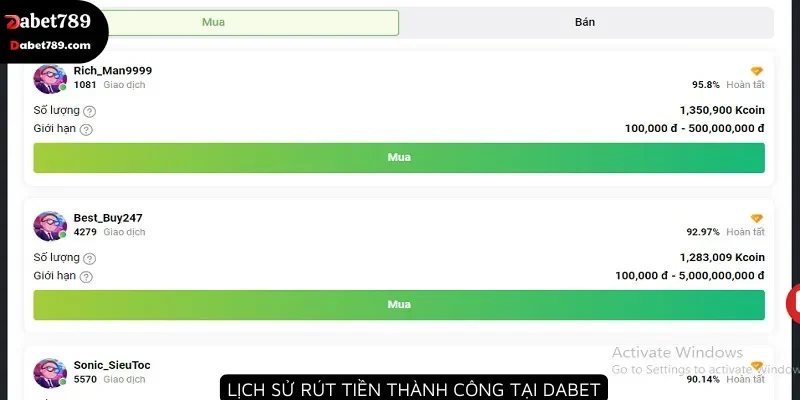 Lịch sử rút tiền thành công tại Dabet