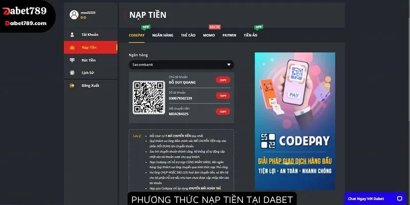 Các phương thức nạp tiền Dabet hiển thị rõ ràng trên website
